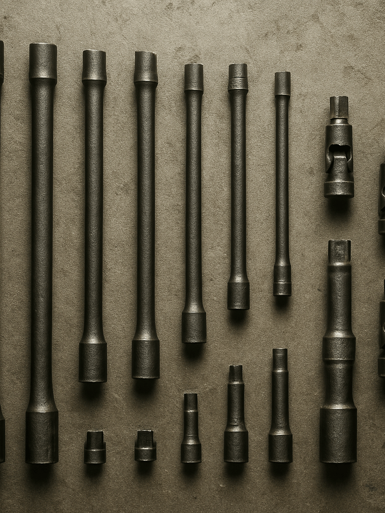 Overhead factory floor shot of socket extensions and universal joints arranged by size on a concrete surface under overhead fluorescents, steel components showing forging texture, no props or staging