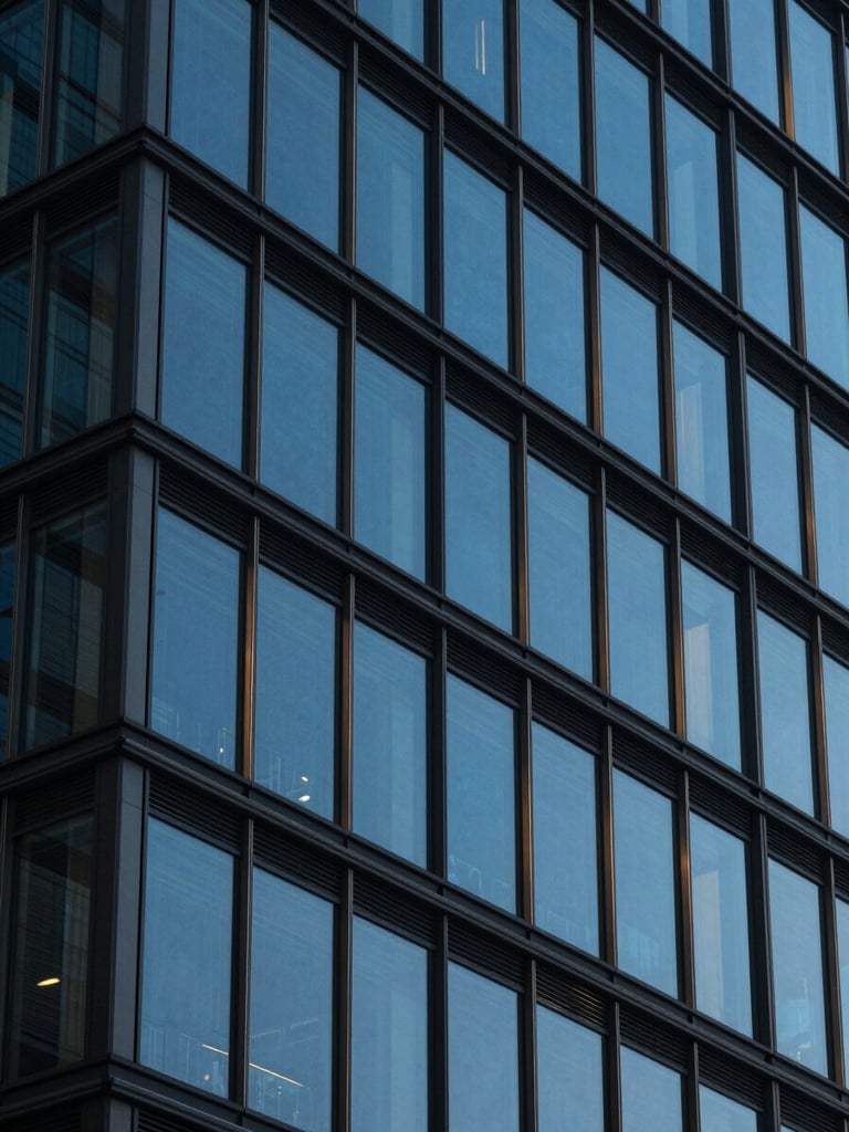 Abstract close-up of a modern glass and steel building facade, geometric lines, cool blue-hour tones, high contrast, 35mm