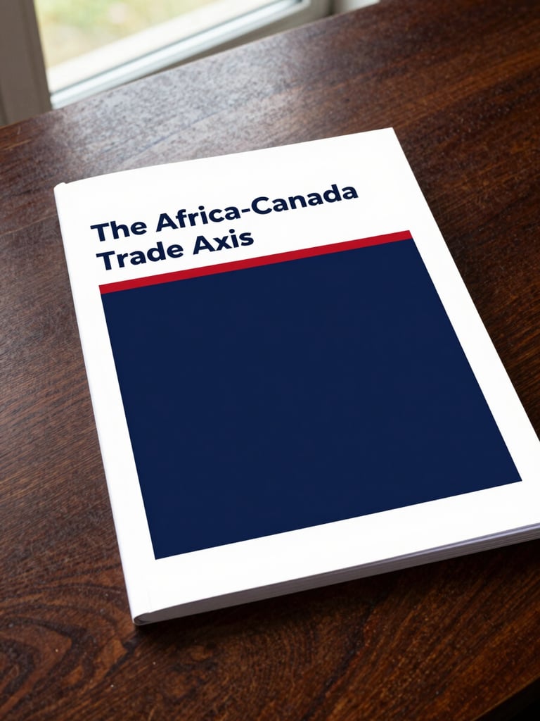 A clean, flat-lay composition of a printed policy report cover titled 'The Africa-Canada Trade Axis', resting on a dark mahogany desk, natural daylight, editorial documentary style