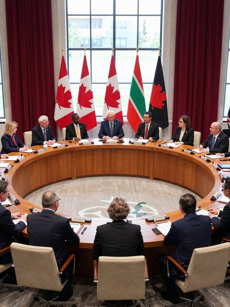 Wide-angle photograph of a high-level diplomatic roundtable in Ottawa, professional daylight, delegates in dark suits seated around a circular wooden table with Canadian and African national flags, editorial documentary style.