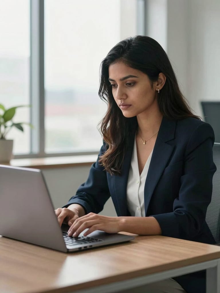 A professional young Assamese woman working on a laptop in a bright, modern Guwahati office, clean natural window light, professional setting.