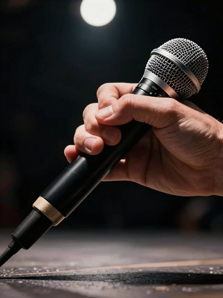 Extreme close-up of a hand gripping a microphone in low stage light, knuckles visible, stage floor slightly out of focus below, stark single overhead light source casting hard shadows