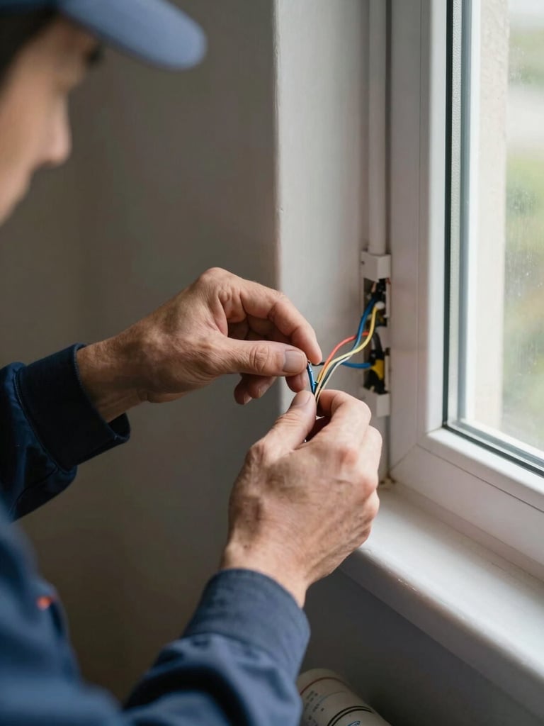 Close-up of a technician's hands connecting wiring inside a wall conduit, natural daylight from a window to the right, residential interior background, no faces