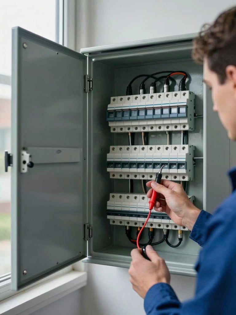 Wide shot of a residential electrical panel open for inspection, technician's hand holding a multimeter probe against a breaker terminal, overcast daylight through a side window, neutral wall in background