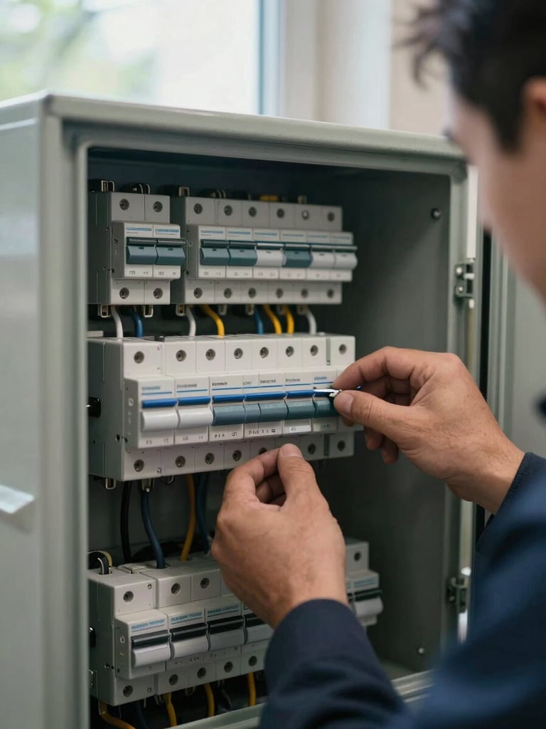 Close-up of a technician's hands working inside a residential electrical panel, natural daylight from a nearby window, wiring and breakers sharp in frame, no faces visible, metal surfaces catching soft morning light