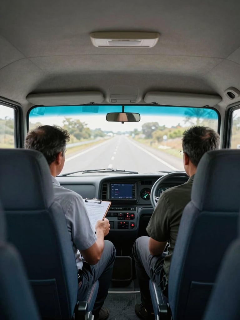 Wide documentary shot from the rear of a minibus interior, assessor seated with clipboard visible, driver at wheel in daylight, road ahead through windscreen, no posed elements