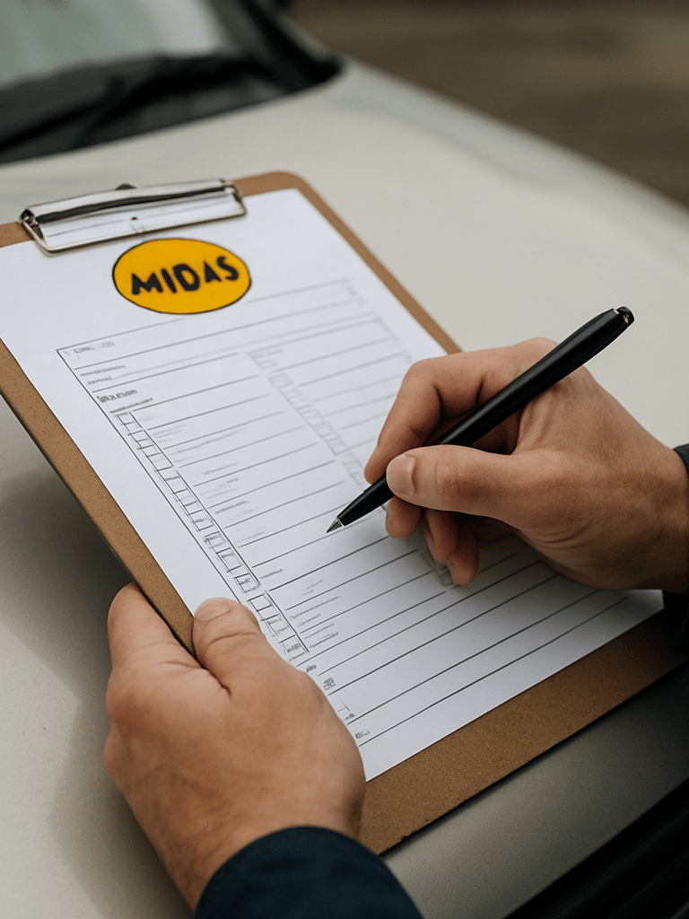 Close-up documentary shot of an assessor's hands holding a Midas assessment clipboard on a minibus bonnet, pen marking a checklist box, natural overcast daylight, vehicle bodywork visible in background