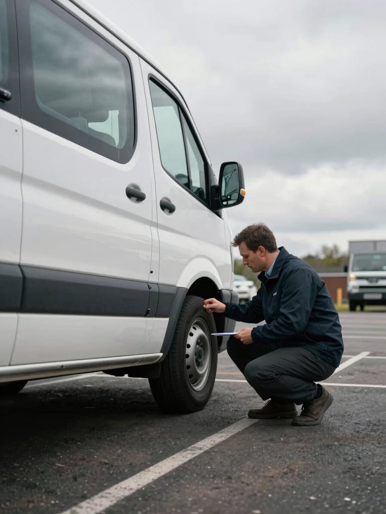 Wide documentary shot from the left side of a white minibus in a daylight car park, an assessor in a dark jacket crouching to inspect the rear wheel arch, clipboard resting on knee, overcast British sky above, no studio lighting