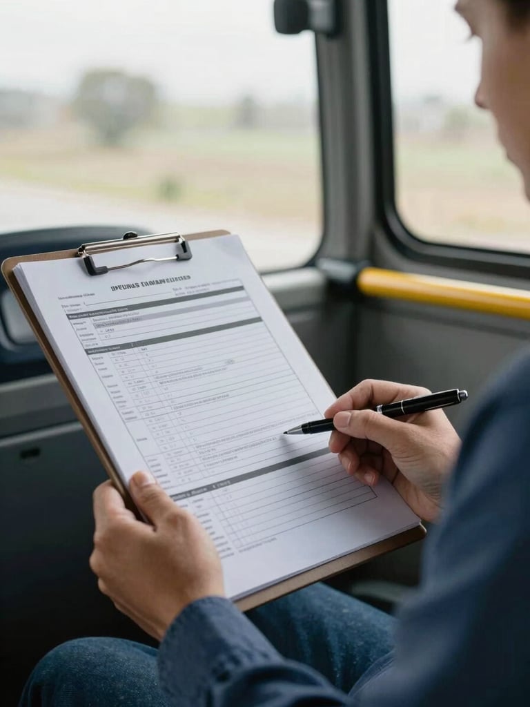 Close documentary frame of an assessor's hands holding an open clipboard with a printed assessment form, pen resting on the page, interior of a minibus visible softly out of focus behind, overcast daylight through the window
