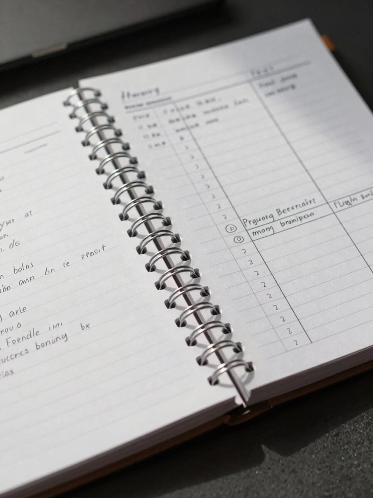 Close-up on an open spiral-bound playbook spread across a desk, annotated with handwritten margin notes, a strategy framework grid visible on the right page, north-facing daylight casting clean flat light across the paper surface
