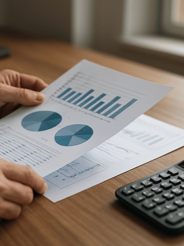 Hands reviewing printed financial documents on an organized office desk, natural daylight from a side window, calculator visible in frame corner, close-up detail shot, Tocantins business environment