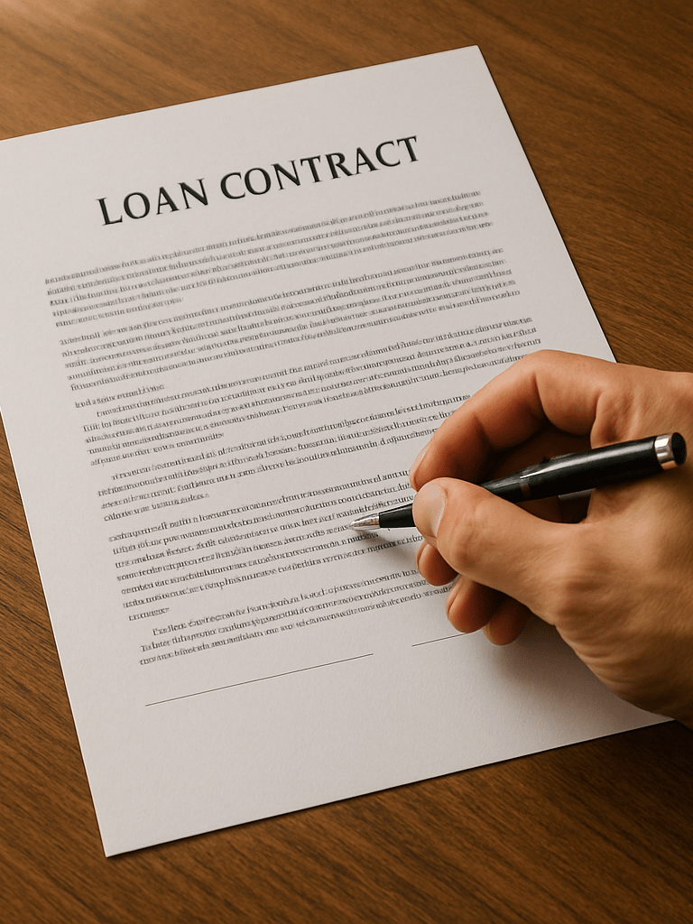 Close-up overhead flat-lay of a printed loan contract on a wooden desk, a hand with a pen poised over a clause, natural window light from the left, organized papers visible at the edges
