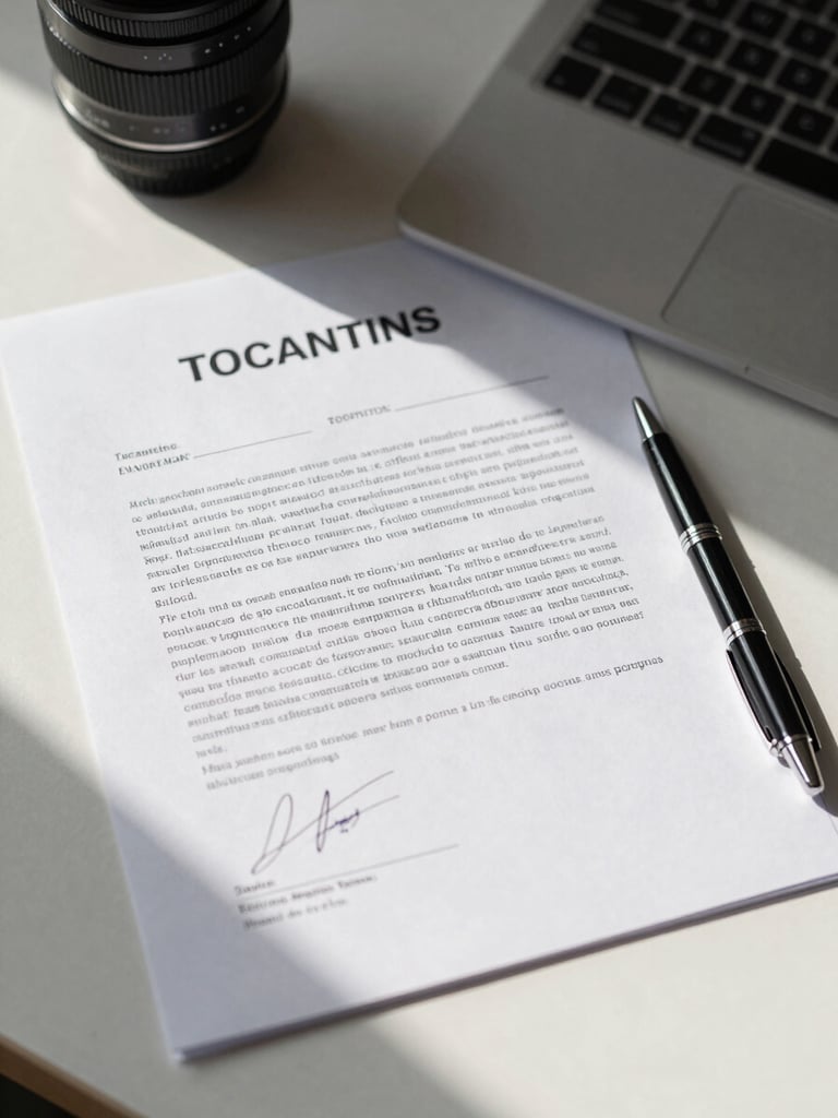 Close-up overhead flat-lay of a signed contract on a clean desk, pen resting beside it, natural daylight from the left, crisp shadows on white paper, Tocantins business office context
