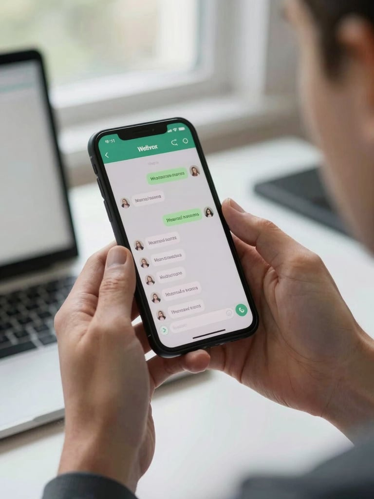 Close-up of hands holding a smartphone showing a Wellvox patient conversation thread on WhatsApp, provider's desk visible in soft background, natural window light, documentary feel