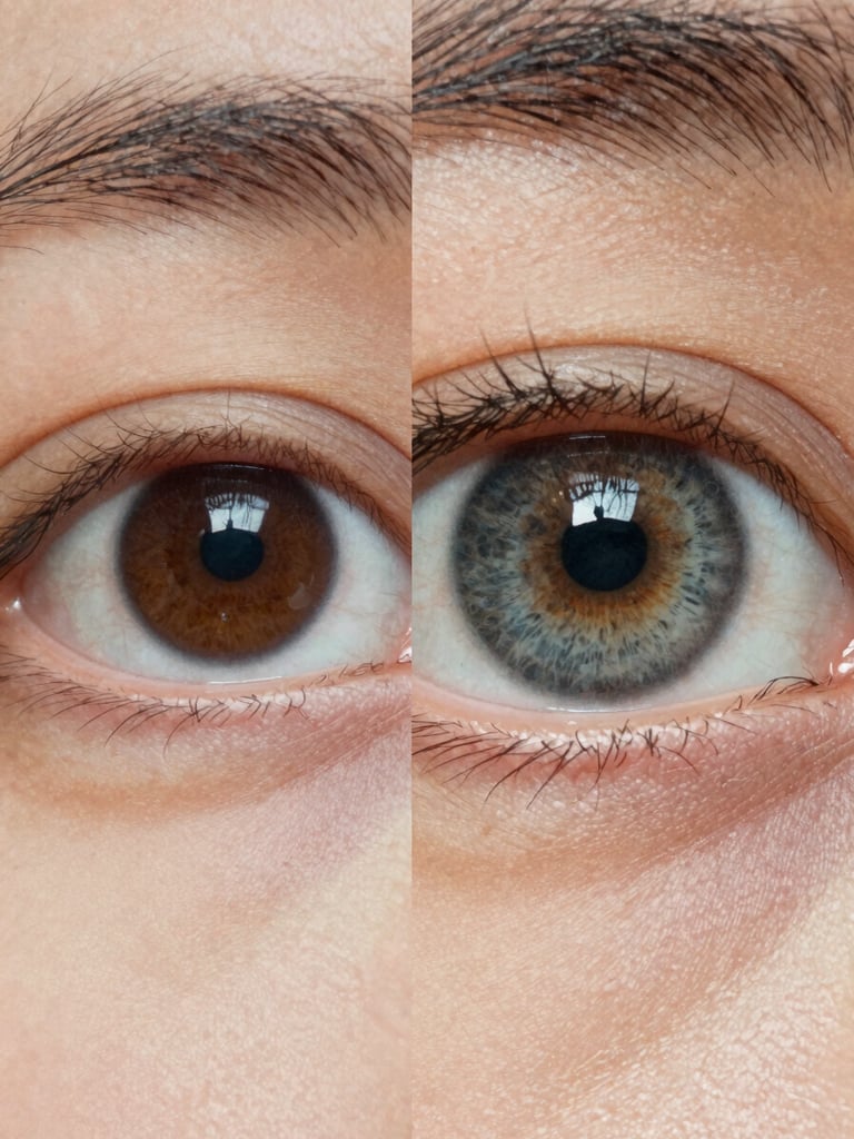 Macro comparison detail of an eye in a vintage photo, split screen: left side artificially smoothed and plastic-looking, right side showing sharp, authentic paper grain and reconstructed iris details.