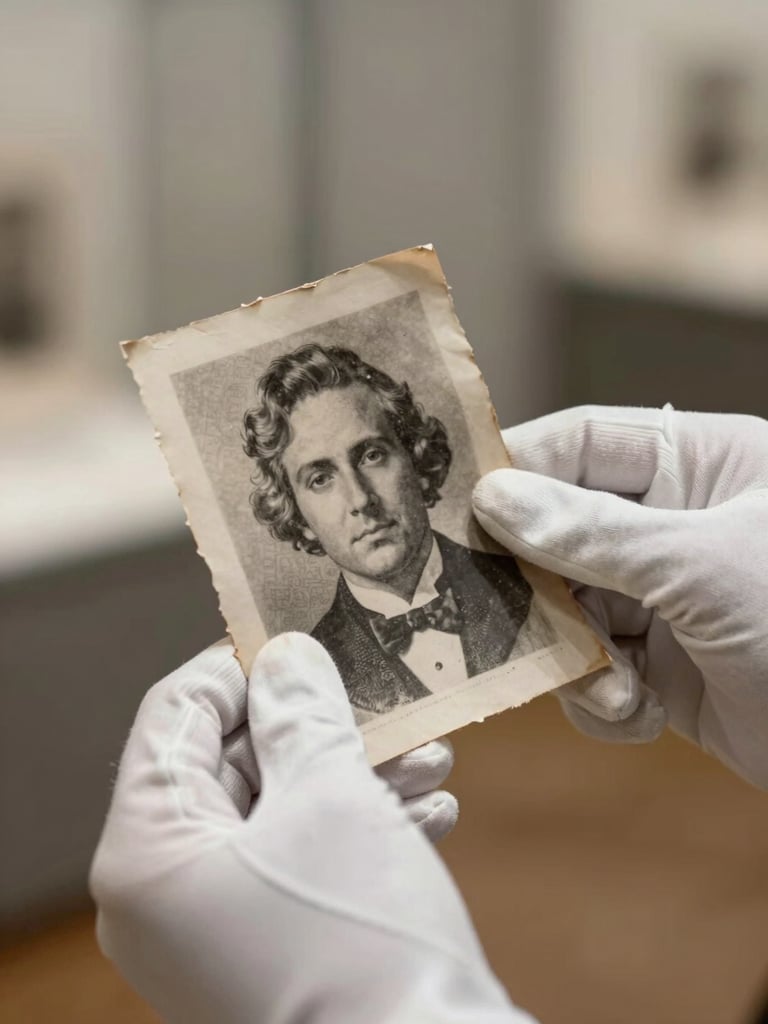 Hands in archival white gloves carefully holding a torn, faded black-and-white portrait, soft natural side-lighting highlighting paper grain, muted museum tones.