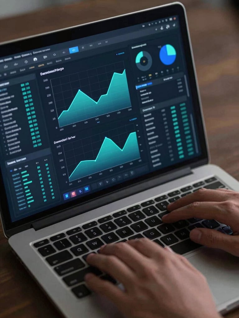 Close overhead shot of a dark analytics dashboard on a laptop screen, real-time conversion funnel charts and metric cards glowing in electric cyan and blue on a deep charcoal interface, hands resting near keyboard, cool studio lighting emphasizing screen clarity