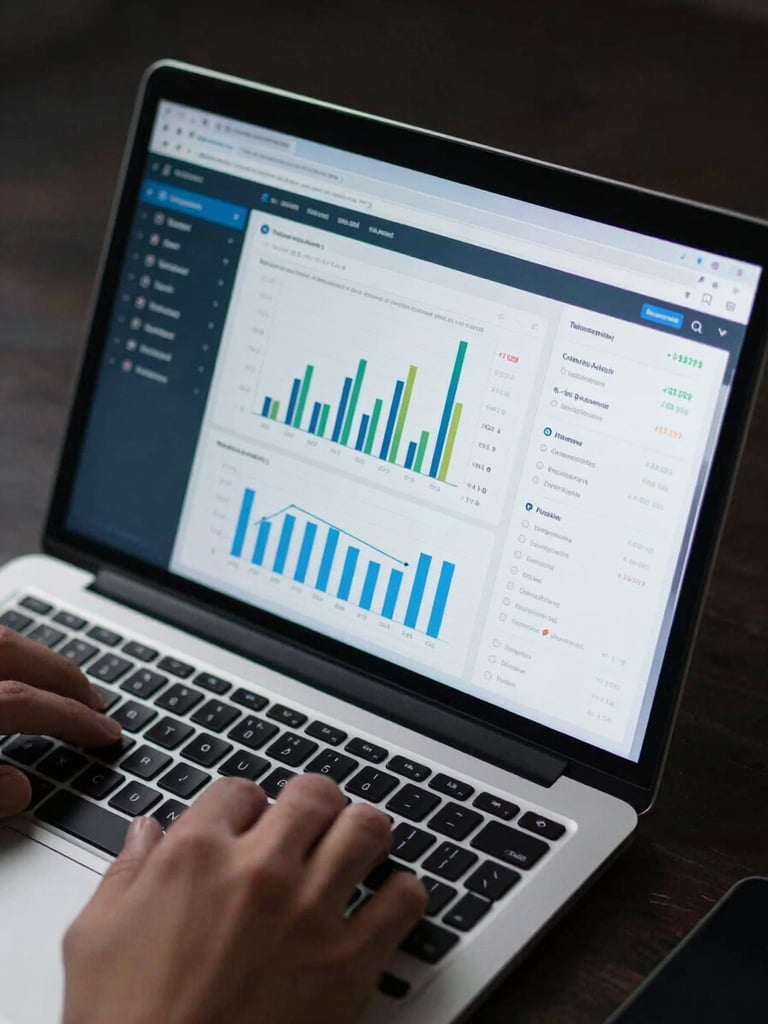 Close overhead crop of a laptop screen displaying a live conversion funnel dashboard with metric cards and bar charts, cool blue-tinted UI, hands resting at keyboard edges, dark background