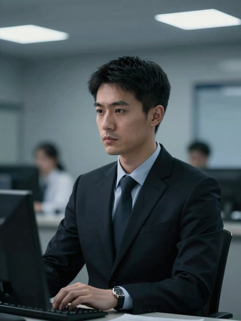 A professional security specialist in a dark suit, focused, looking slightly off-camera, with a blurred background of a modern, clean dispatch center, cool editorial photography, low-key dramatic lighting.