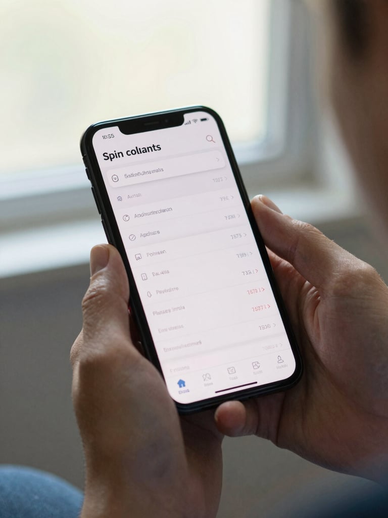 Close up of hands holding a mobile phone displaying a clean financial application, soft window light illuminating the screen