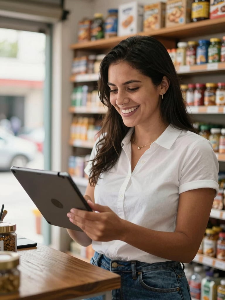Plano medio de una comerciante local en su negocio en Colombia sonriendo mientras interactúa de forma segura con una tableta digital, luz natural diáfana de la mañana