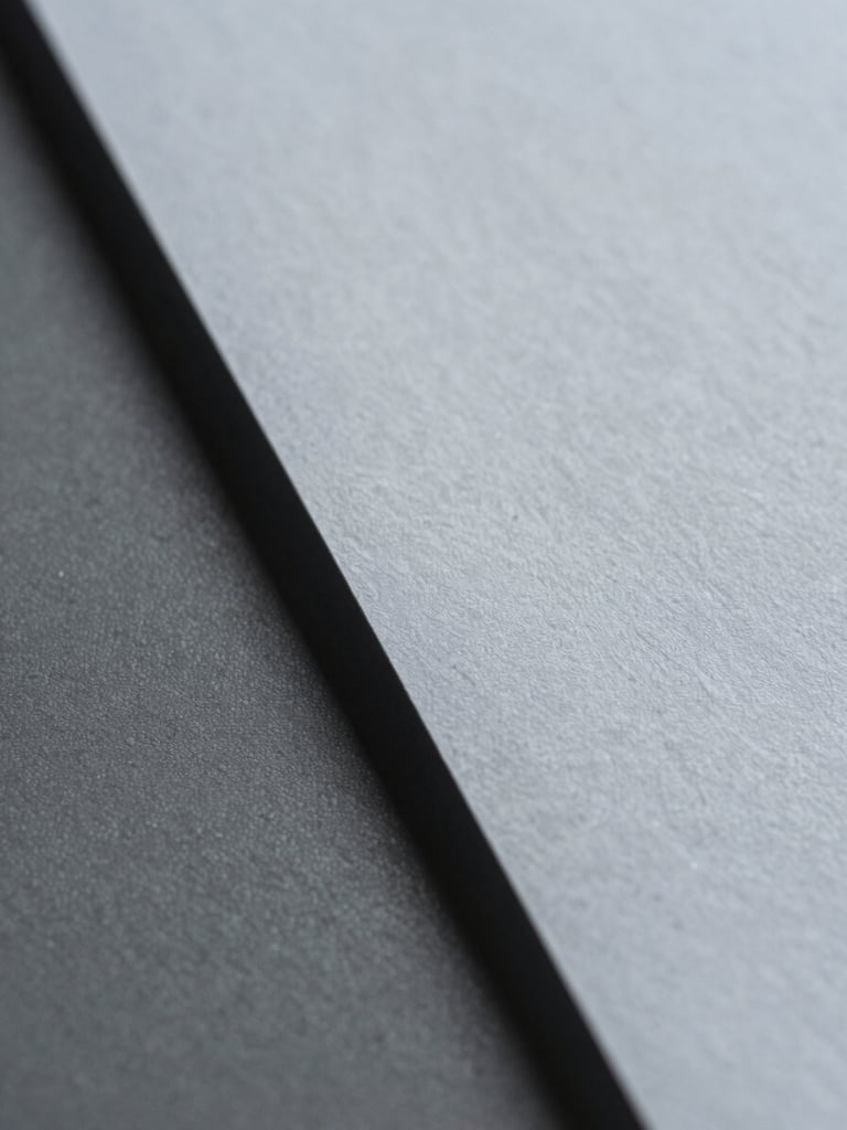 Extreme macro close-up of heavy cotton document paper with embossed texture, sharp architectural shadow cutting diagonally, cool grey tones