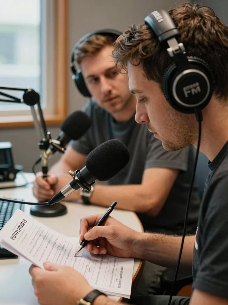 Close-up of two radio hosts in a small FM studio, one with headphones on leaning toward the mic, the other reviewing a handwritten program sheet, warm daylight from a side window, intimate and candid, tactile analog equipment visible