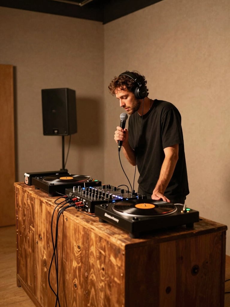 Wide studio interior shot, a DJ leaning into the microphone at a worn wooden console, warm tungsten light casting orange glow across vinyl records and mixing board, cables and stickers visible, candid mid-broadcast moment