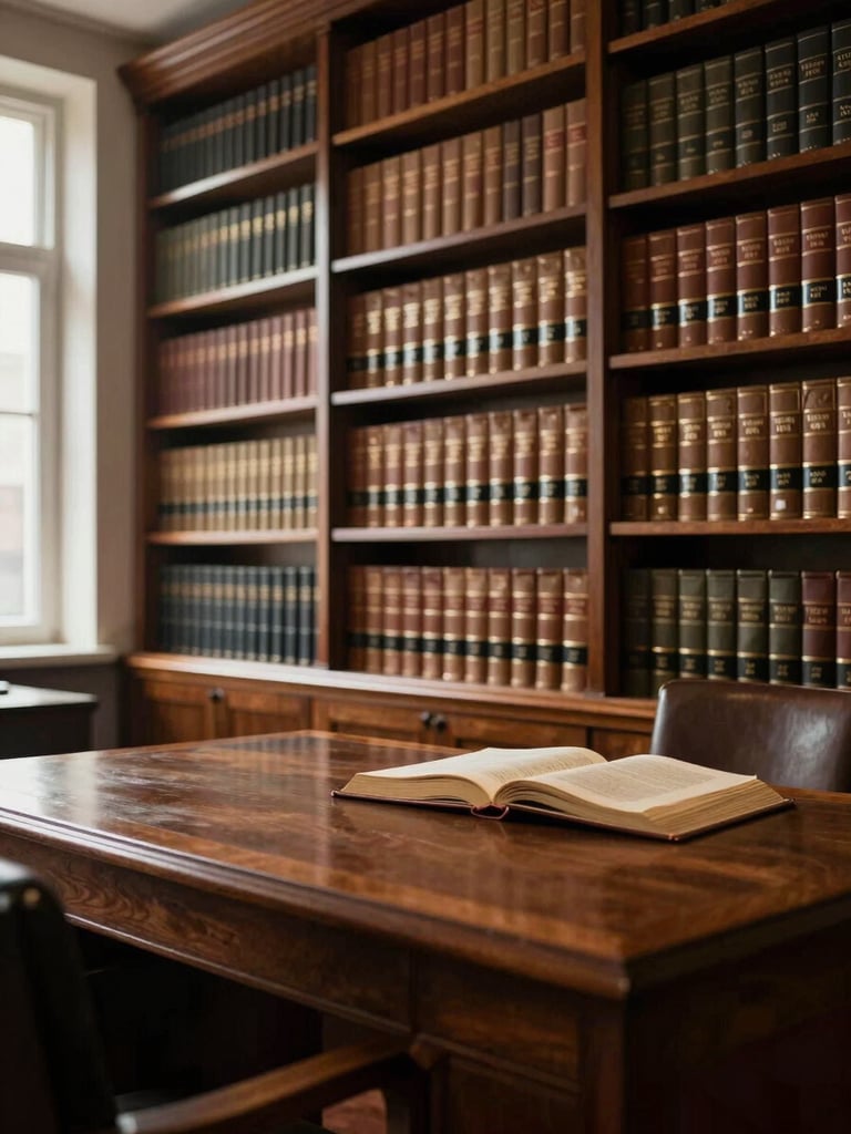 Wide interior of a traditional law office library, bookshelves lined with leather-bound legal volumes receding into the background, a wooden desk with a single open volume at the right third, warm diffused window light entering from the far left, deep shadows in the foreground corners, no people present