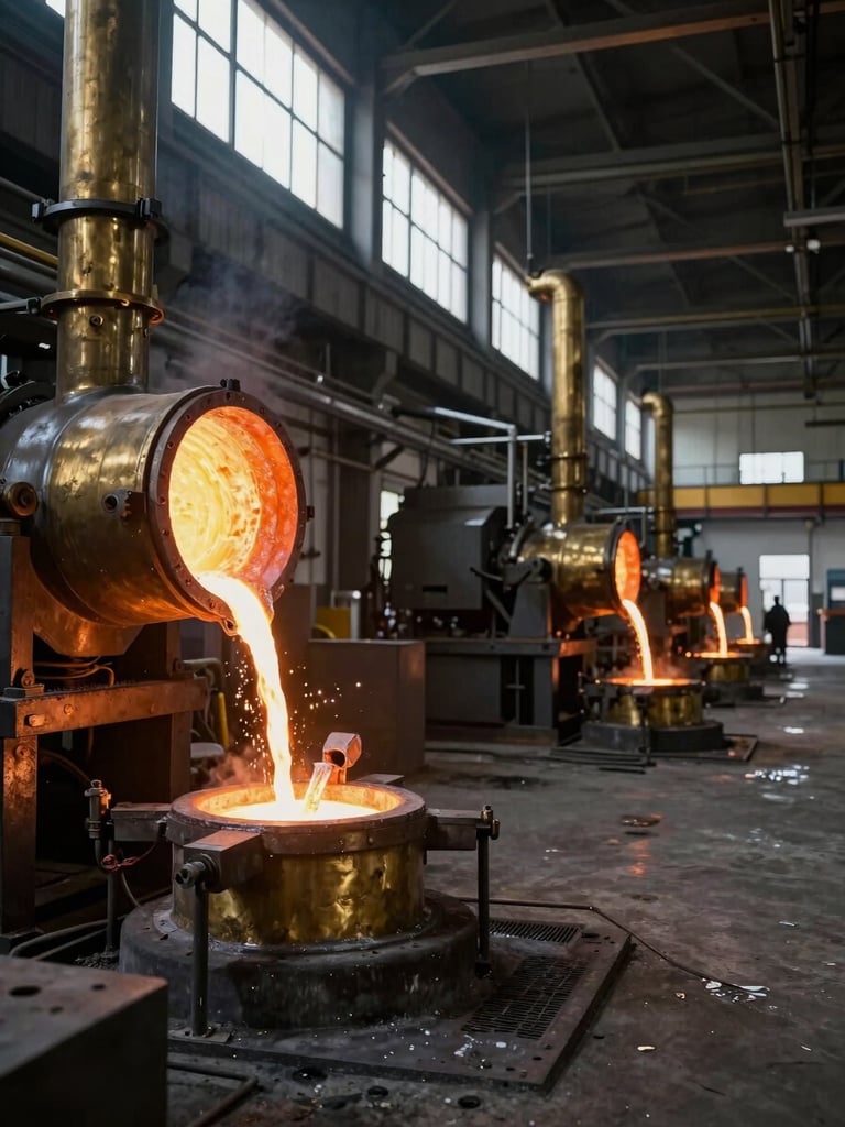 Wide environmental shot of a brass foundry floor under high north-facing factory windows, molten brass being poured into a casting mold in the left foreground, orange-gold liquid catching tungsten light, steel infrastructure receding into depth on the right, no people visible in focus