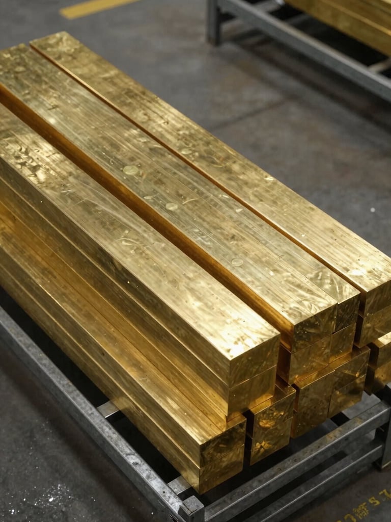 Close overhead 45-degree angle of finished brass billets stacked in steel racking on a factory floor, warm tungsten overhead light catching the golden-amber surface of each billet, concrete floor visible below, industrial racking structure framing the composition, no people