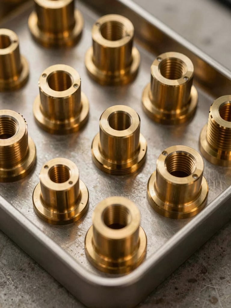Extreme close-up of finished brass precision components arranged in a machined-parts tray, shot from a 45-degree overhead angle under tungsten studio strobes—warm brass tones catching hard light, sharp edges and threaded bores visible in crisp focus, concrete surface below.