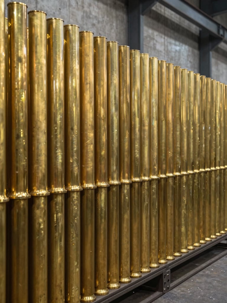 Wide shot from the right side of a factory racking system, rows of finished brass billets stacked in tight formation, warm tungsten light raking across the cylindrical surfaces revealing rich gold and amber tones, industrial concrete wall behind, no people, close-to-mid distance framing emphasizing scale and material uniformity