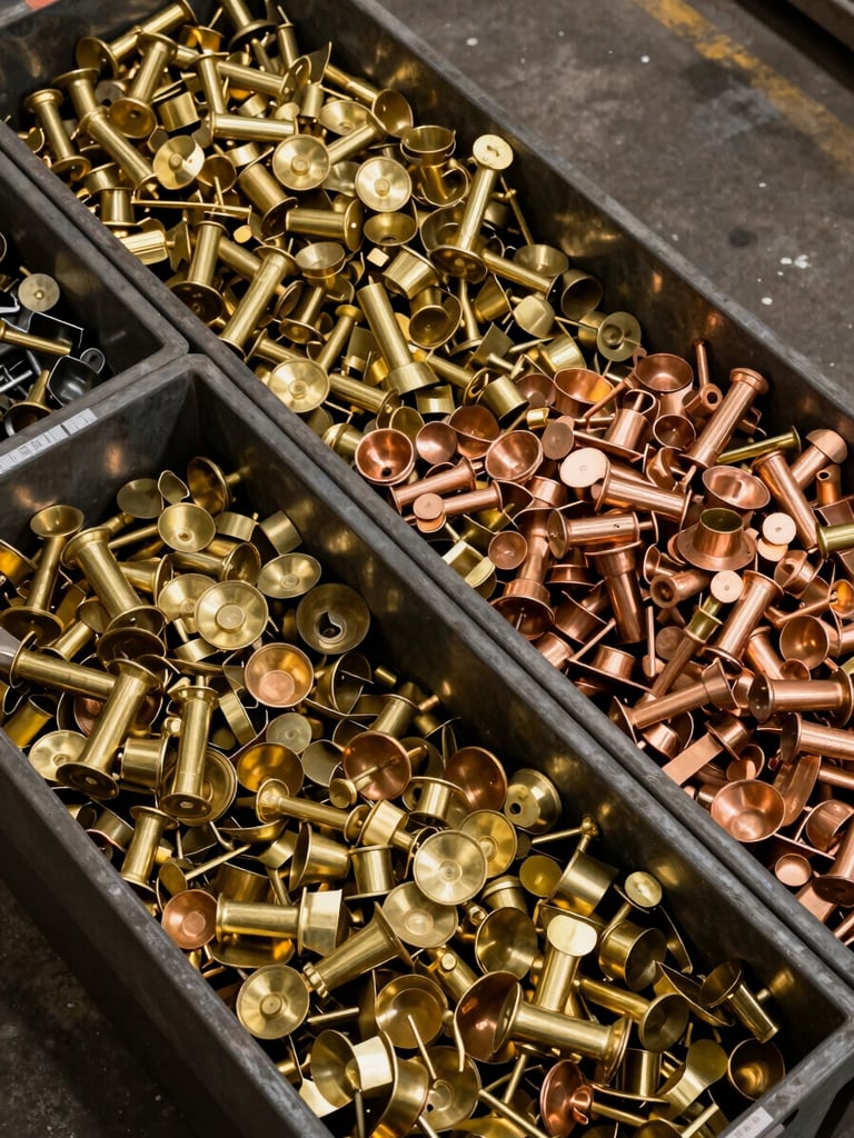 Overhead 45-degree angle shot of sorted scrap brass pieces in industrial bins on a concrete floor, warm brass and copper tones catching overhead factory lighting, grade labels partially visible at bin edges, no people in frame, high material detail and texture