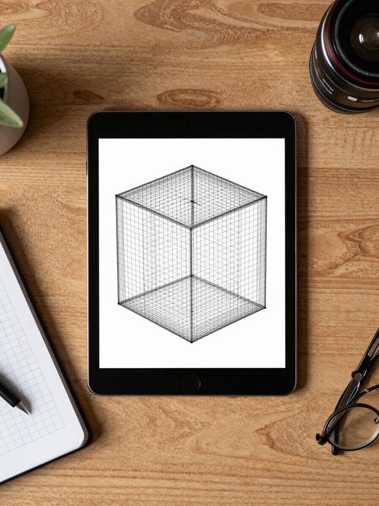 Top-down flat lay of a clean wooden desk with a tablet displaying a high-contrast wireframe, a notebook with hand-drawn layout grids, and natural morning light.