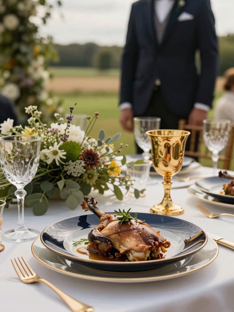 Gros plan sur un dressage de table de mariage élégant, assiette en céramique sombre, couverts en laiton brossé, herbes fraîches et réduction brillante sur un filet de canard, lumière naturelle douce de fin d'après-midi normand.
