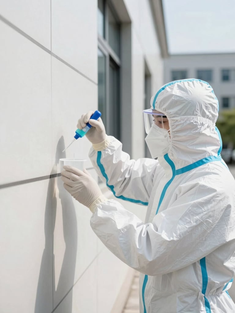 A biosafety technician in a white protective suit applying a precise chemical barrier to a wall joint, bright daylight, clean modern building exterior.