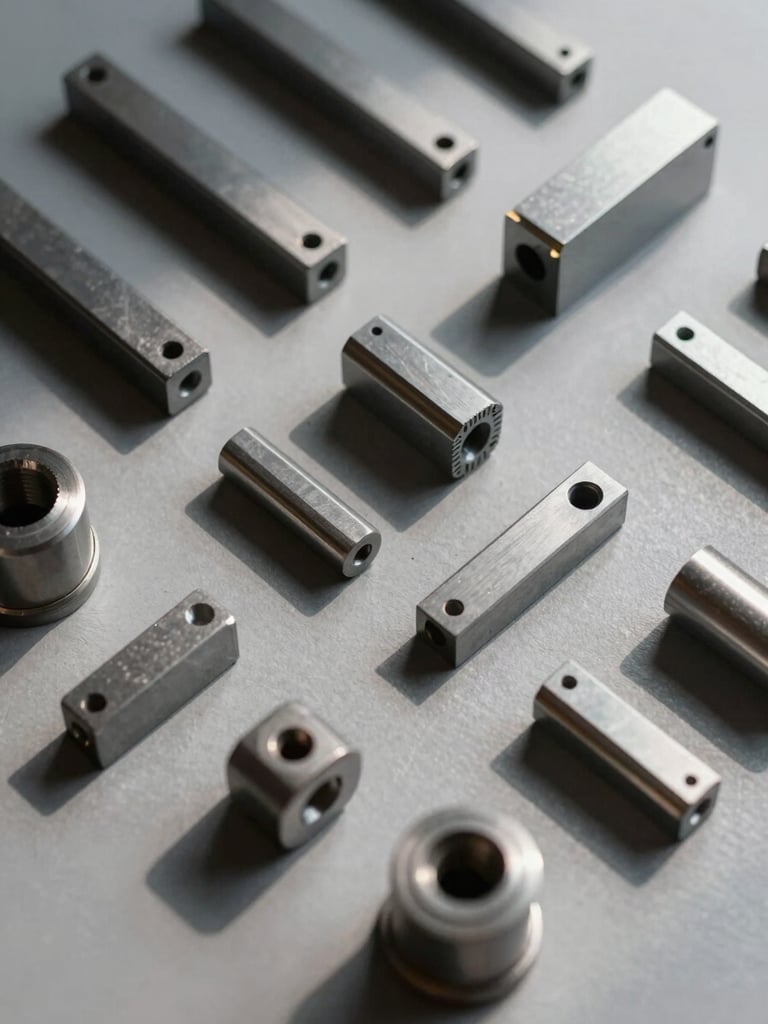 Overhead isometric flat lay of precision-cut steel components arrayed by project on a matte grey surface, sharp cut edges catching north-facing daylight, kerf lines visible, industrial but aesthetic, no text