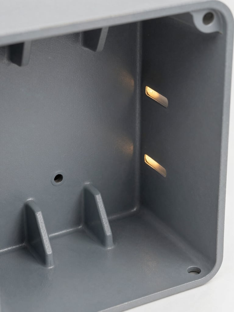Extreme close-up of a finished steel electrical enclosure interior, precision laser-cut mounting holes and cable management channels, matte electrostatic grey paint, tungsten-warm accent light catching the cut edges, photographed from a slight isometric angle showing depth and surface quality