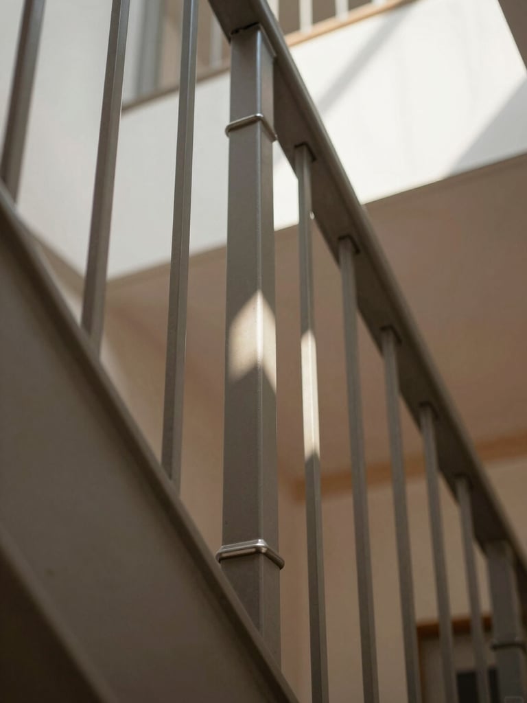 Extreme close-up of a custom steel staircase balustrade installed in a refined interior, shot from below at a shallow angle — cut edges razor-sharp, surface finish warm matte grey, north-facing daylight raking across the metal revealing the precision of each weld joint, warm-toned ambient light in the background space