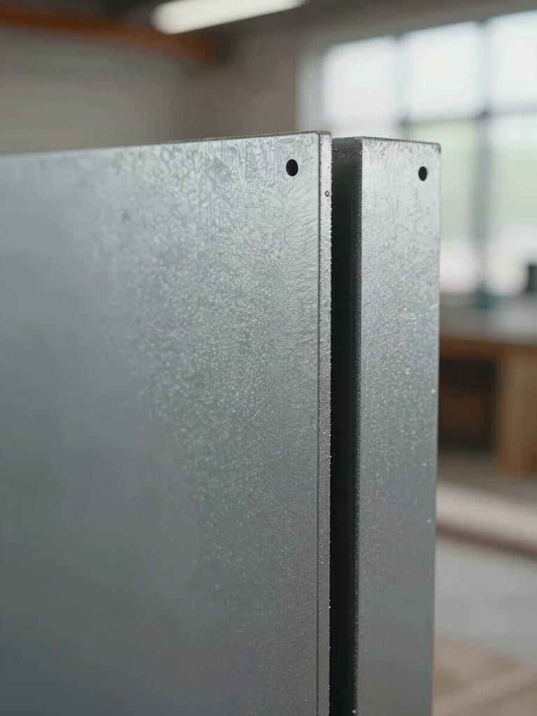 Macro environmental shot of a finished laser-cut steel architectural component installed in a real space, north-facing daylight reading across the surface revealing cut-edge precision and electrostatic paint finish, tight depth of field isolating the component geometry against a blurred interior background