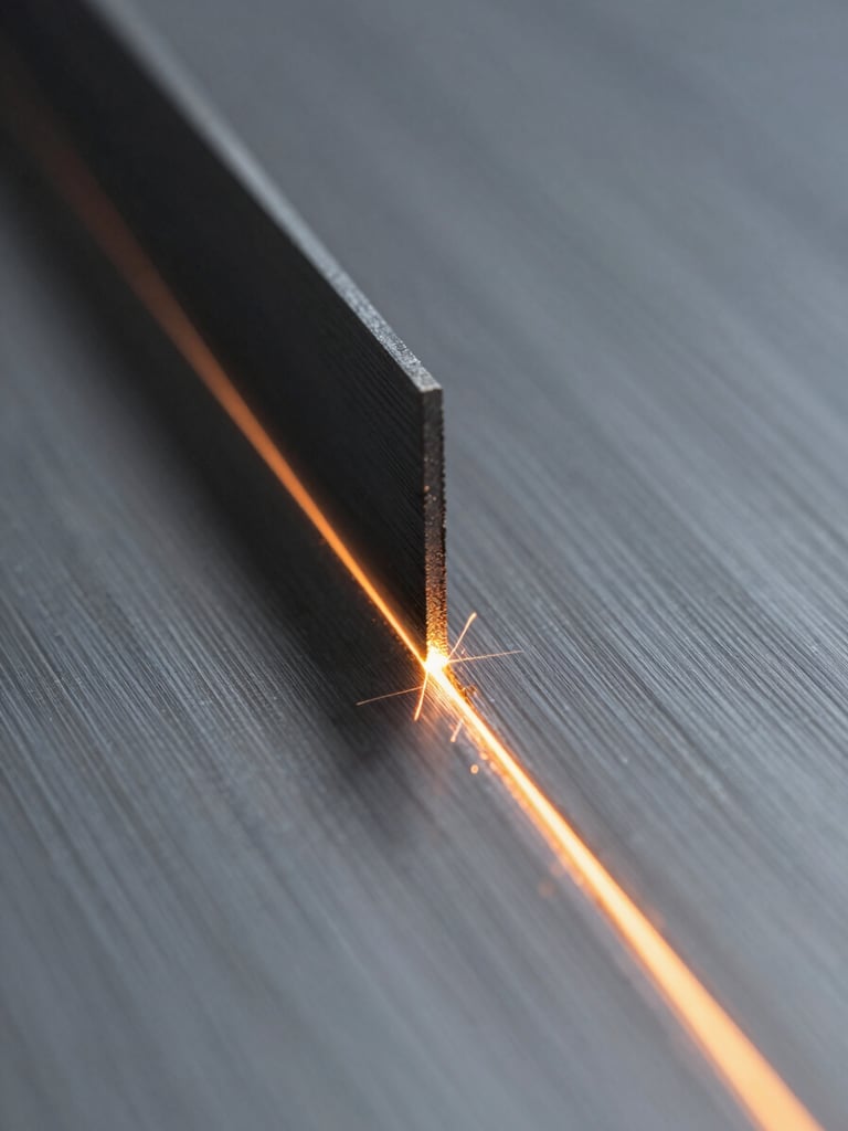 Extreme close-up of a laser-cut steel edge mid-process, tungsten-amber glow of the kerf illuminating the cut line from below, the steel sheet extending left into cool shadow, sharp geometry of the cut path visible in crisp detail, industrial macro framing with generous negative space to the right