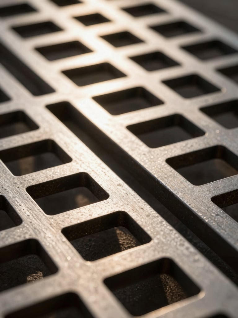 Extreme close-up of a laser-cut metal lattice panel, sharp cut edges with micro-chamfer detail visible, warm north-facing daylight revealing surface grain and precise kerf geometry, deep background out of focus
