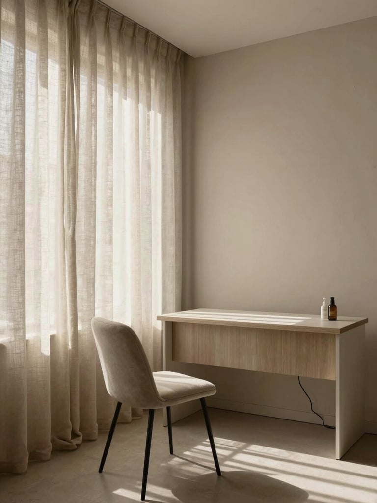 Interior wide shot of a cosmetic clinic consultation room, pale linen curtains diffusing afternoon light, a single minimalist chair beside a low table, no people, warm neutral materials throughout