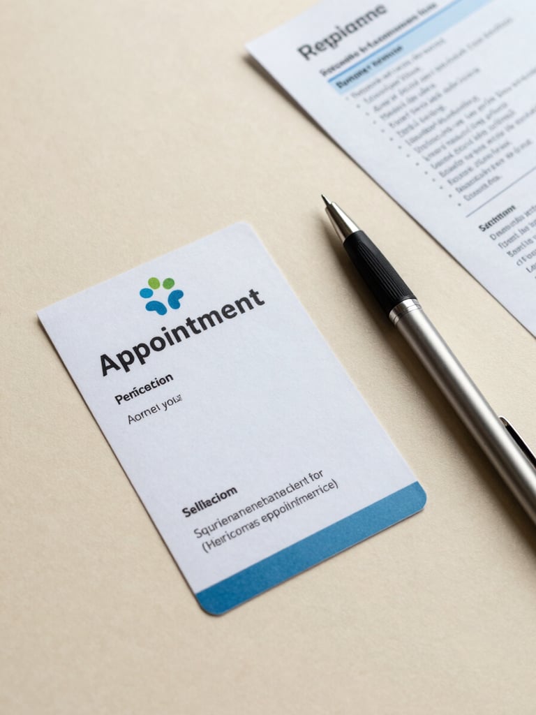 Overhead flat-lay of a clinic appointment card, a fine-tipped pen, and a folded patient information sheet on a warm ivory surface, soft diffused light, minimal and deliberate arrangement