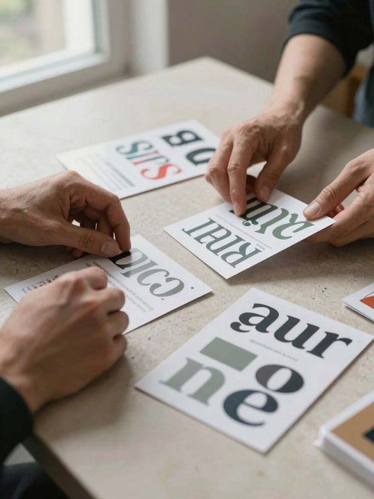 Close-up of a designer's hands arranging typographic reference cards and a muted colour palette on a pale stone desk, soft natural window light from the left, sparse and deliberate composition