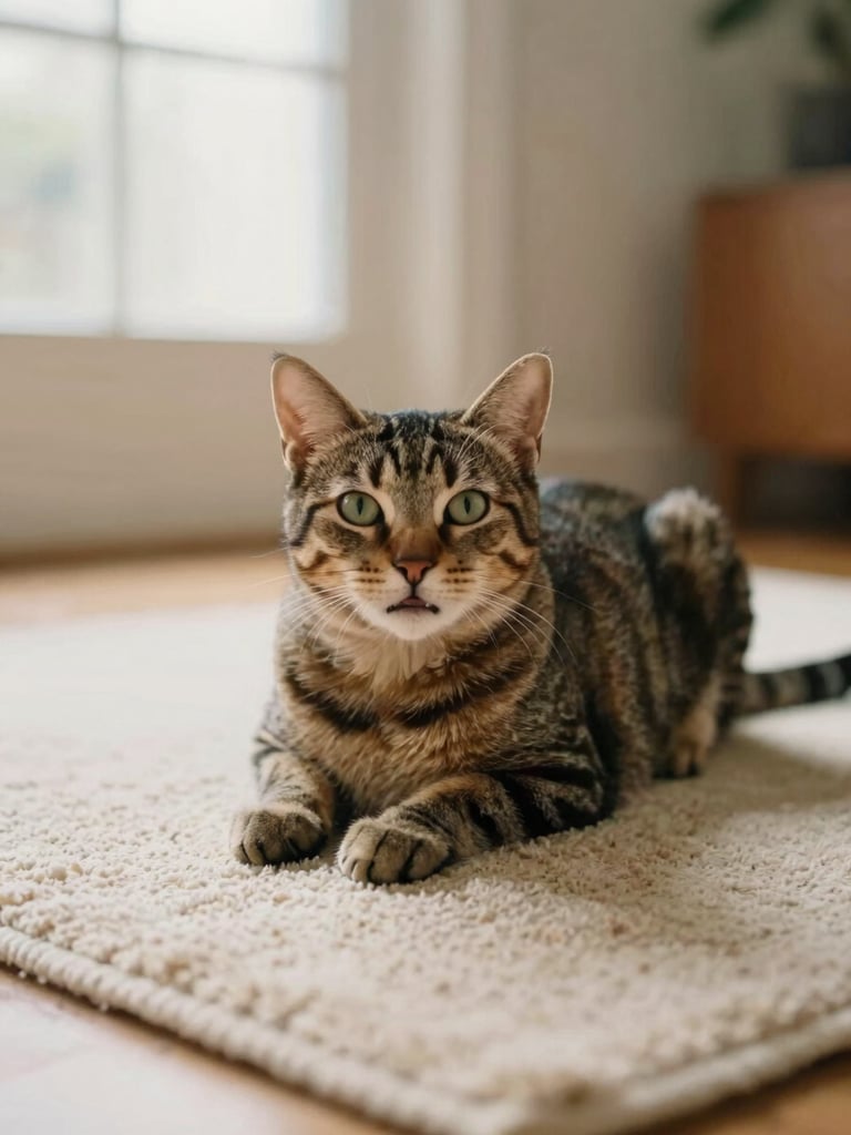 Candid eye-level shot of a happy tabby cat resting comfortably on a warm cream living room rug, soft indirect window lighting, warm tones, shallow depth of field, 35mm film style.