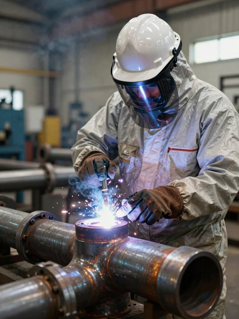 Close environmental framing of an Iraqi welder in full PPE — hardhat, face shield raised between passes — at a heavy pipe joint station in a refinery workshop, tungsten arc glow visible at the weld bead, oxidized steel pipe fittings in sharp foreground detail, natural industrial lighting
