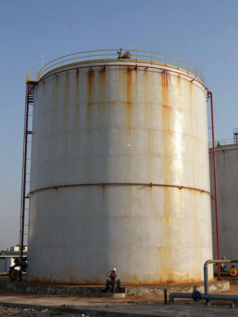 Wide side-angle view of a completed large vertical industrial storage tank installation at an Iraqi refinery, late-afternoon natural daylight casting long shadows across oxidized steel skin, human figure in hardhat visible at base establishing massive scale, concrete apron and piping connections visible at ground level