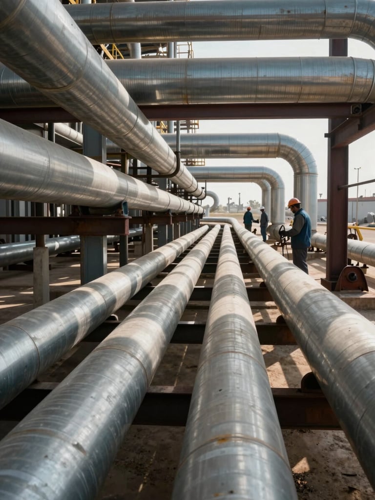 Wide environmental shot of a large-diameter industrial piping run installed inside an Iraqi oil refinery, steel pipes stretching into the distance, workers in hardhats and PPE visible at mid-frame for scale, natural daylight filtering through the structure, muted palette of oxidized steel and concrete